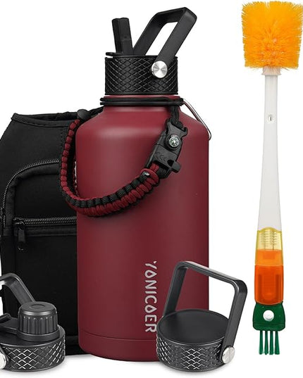 Insulated Water Bottle 64oz,Triple Wall Vacuum Stainless Steel(Dishwasher Safe),Leak Proof & Non-BPA,Flask Jug with Paracord Handle & Straw Spout Lids Sports Red