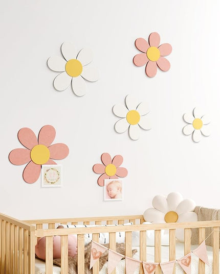 Fluxynara 6 PCS Daisy Felt Flower Wall Decor, Daisy Bulletin Board for Nursery & Girl Room, 3-Size Acoustic Felt Wall Art for Bedroom, Baby’s Room, Kids’ Spaces, Pink/White