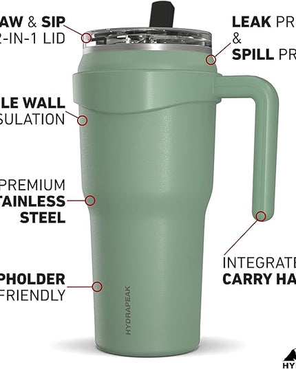 Hydrapeak Roadster 40oz Stainless Steel Tumbler Double Wall Vacuum Insulated Water Bottle With Handle And 2 in 1 Straw Lid (Sage)