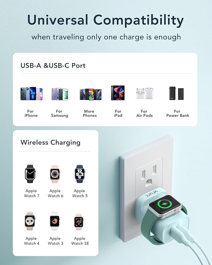 VRURC for Apple Watch Charger, Wireless Magnetic Portable iWatch Charger, PD 20W 3-in-1 Travel Essentials Fast Charging Block for iWatch Ultra/SE/11/10/9/8/7/6/5,iPhone 17/16/15/14/13 etc-Green