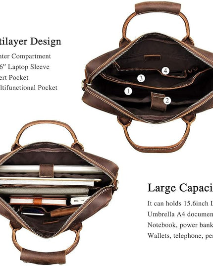 Augus Leather Laptop Briefcase for Men,Waterproof Travel Messenger Duffle Bags 15.6 Inch Laptop Bag