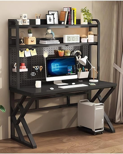 39.3in Gaming Desk with Bookshelf Combo, Computer Desk with Pegboard, Large Writing Table with Desktop Shelves, Ample Leg Room, for Home Office (Black, 39.3in)