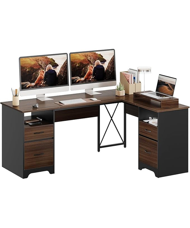 Bestier L Shaped Desk with 4 Drawers, 63" x 47" Executive Desk with Open Storage & Monitor Stand, Corner Desk with 2 File Drawers & Modesty Panel for Home Office, Cherry