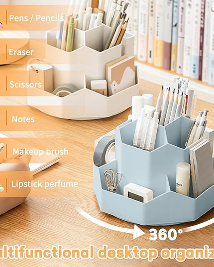 Pencil Pen Holder for Desk,9 Slots 360 Degree Rotating Desk Organizers,Desktop Storage Stationery Supplies Organizer, Cute Pencil Cup Pot For Office, School, Home(Blue)