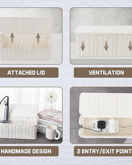 Cable Management Box, Handmade Rattan Cable Organizer, 2 Open Slots Cords Hider Box, Under Desk Cord Organizer for Computer Router USB Hub & Power Strip, Patent Pending, 13" x 5.1" x 5.1", White