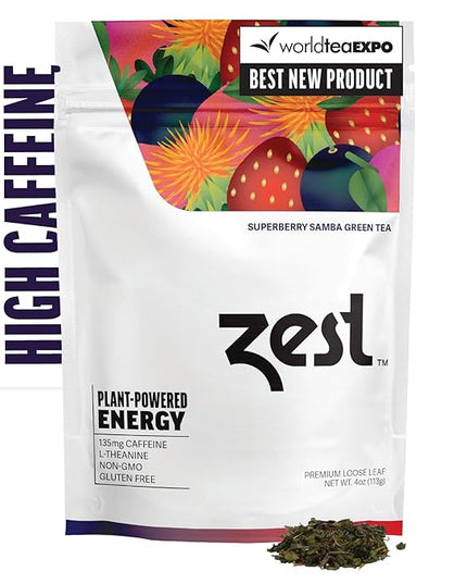 Zest Energy Green Tea - Superberry Samba Loose Leaf - High Caffeine Strawberry & Passion Fruit - Caffeinated Coffee Altnernative with Antioxidants - Natural, Non-GMO & Keto - 50 Servings - 135mg Caf