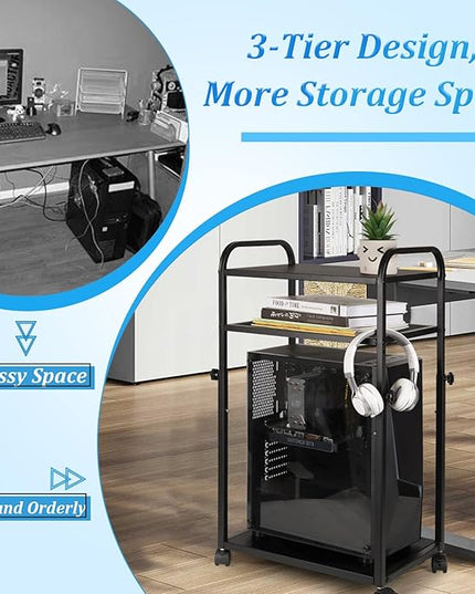 Height Adjustable Computer Tower Stand, PC Stand 3-Tier Mobile CPU Holder Cart Under Desk with Locking Caster Wheels for Office Home Gaming Accessories