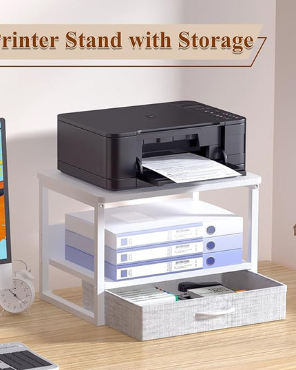 MARTY Printer Stand with Storage Drawer for Desk, 2-Tier Desktop Printer Stand Shelf Organzier for Home Office Printer Riser Under Desk Small Printer Table for Fax Machine Copier Scanner (White)