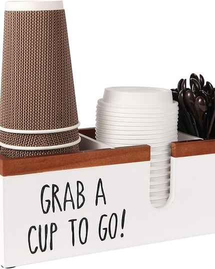Intarsio 100% Wooden Coffee Cups Holder with U-Shape Cutout Design for Countertop-Coffee Bar Organizer for Cups, Lids, Pods, Stirrers, and Accessories, Great Gift for Home or Office (White)