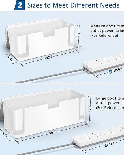 ZhiYo Cable Management Box White, 2Pack Cord Organizer Box - Extra Large and Medium Size, Cord Hider Box to Conceal Power Strips on Desk or Floor, Made from Electrically Safe ABS Material