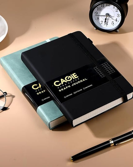 CAGIE Graph Notebook 320 Pages 100 GSM Paper Graphing Grid Journal A5 Hardcover Leather Quad Ruled Notebooks for Engineering, Math, Work, Black