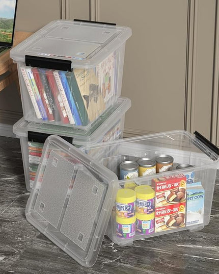 Zopnny 30 Quart Plastic Stacker Box, Large Storage Bin Container with Latching Lids and Wheels for Home and Garage Organizing, Shoes, Tools, Clear Base, 4-Pack
