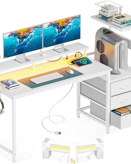 AODK 52 Inch Gaming Desk with USB Charging Ports & LED Light- Reversible Computer Desk with Storage Shelves & Monitor Stand, Modern Gamer Desk Table with Fabric Drawers & Side Hook, Carbon Fiber White