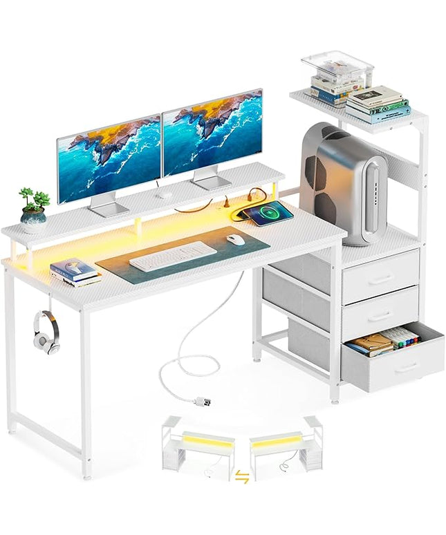 AODK 52 Inch Gaming Desk with USB Charging Ports & LED Light- Reversible Computer Desk with Storage Shelves & Monitor Stand, Modern Gamer Desk Table with Fabric Drawers & Side Hook, Carbon Fiber White