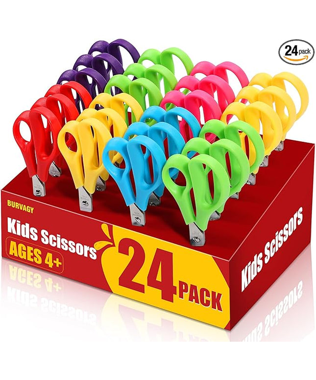 BURVAGY 24Pack 5.5" Safety Small School Kids Student Round Blunt Tip Craft Scissors Bulk, Stainless Steel Blades Comfort Grip Scissors for Kid Children Kindergarten Cutting Paper