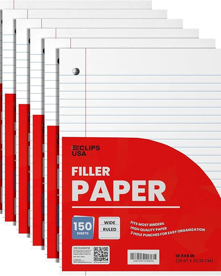 Wide Ruled Loose Leaf Paper Wide Ruled Notebook Paper Lined Writing Filler Paper 10.5” x 8” 56 gsm 900 Sheets 150 Sheet Per Pack (6 Pack)