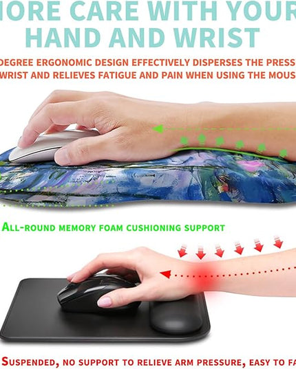 Ergonomic Mouse Pad Wrist Support with Memory Foam Massage Bulge, Carpal Tunnel Pain Relief Mousepad Wrist Rest for Mouse(12x8 inch, Lotus Pond)