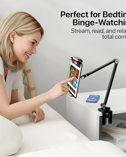 Tablet Stand Holder-Adjustable iPad Desk Mount with 360° Rotating Base for 6.3-16" Devices-Foldable Aluminum ipad Arm Mount for Desk,Bed,Kitchen-Compatible with iPhone,iPad,Tablet,Portable Monitor