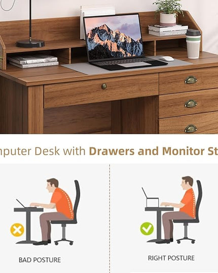 4 EVER WINNER Wooden Desk with Drawers, Small Desk with Monitor Stand and File Drawe, Writing Desk with Drawers for Bedroom Small Spaces, Walnut