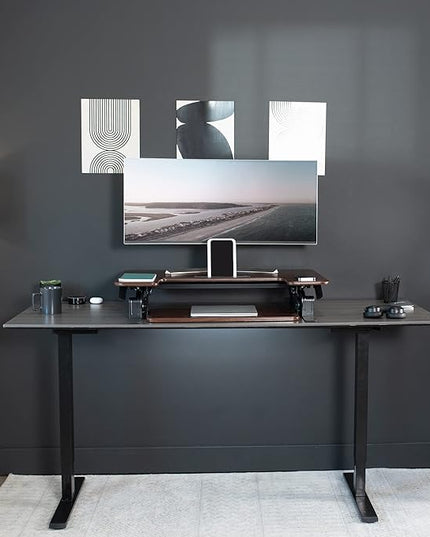 VIVO 42 inch Height Adjustable Stand Up Desk Converter, V Series, Quick Sit to Stand Tabletop Dual Monitor Riser Workstation, Dark Walnut Top, Black Frame, DESK-V000VLD