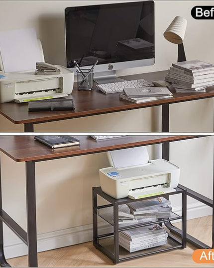 YMYNY Desktop Printer Stand, 3 Tiers Desk Organizer with Adjustable Storage Shelves, Multi-Purpose Printer Shelf for Home Office, Fax Machine, Scanner, Files, Books, Black, UHPT001B