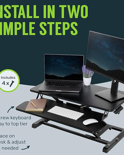 TechOrbits OF-S06-2 Desk Converter-37-inch Height Adjustable, MDF Wood, Sit-to-Stand Rise-X Pro Black, 36"
