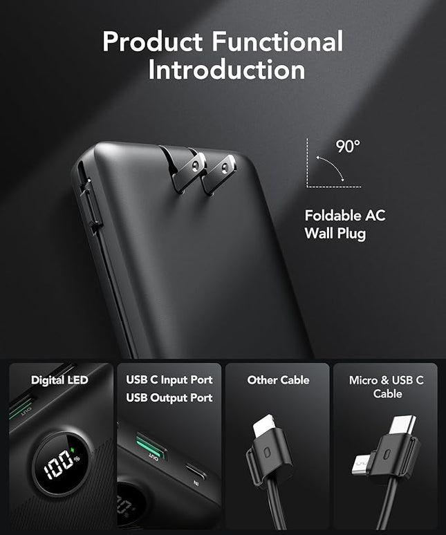VRURC Portable Charger 20000mAh, Fast Charging Power Bank USB C,4 Output 2 Input Travel Essentials Charging Bank Equipped with LED Display,Built-in Wall Plug and Cables,Phone Charger Battery,Black