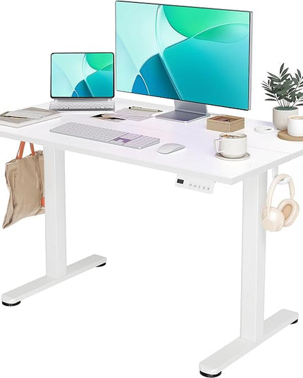 YDN Electric Standing Desk Adjustable Height, 48 x 24 Inches Stand up Desk with Cable Management, Home Office Desks with Splice Board & White Frame, White Top