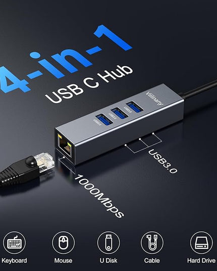 USB C to Ethernet Adapter, 4-in-1 USB C Hub with Gigabit LAN Port and 3 USB 3.0 Ports, Compatible with MacOS, Windows Linux Laptops, Driver-Free Setup, Portable RJ45 Dongle for Laptop