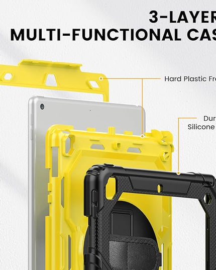 Timecity Case for iPad 9th/ 8th/ 7th Generation 10.2 inch - Heavy Duty Protective Cover with Screen Protector, Rotating Stand, Shoulder Strap & Pencil Holder | Kids-Friendly (Yellow)