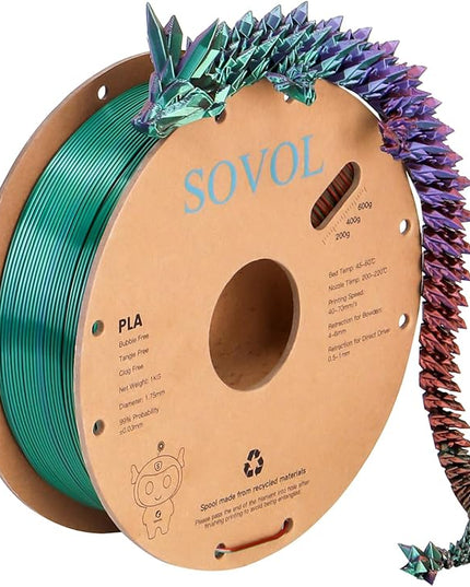 Sovol PLA Filament Silk Tri Color Co-Extrusion 1.75mm, 3D Printer Filament 1kg/ 2.2lbs, Shiny Silk Bronze Purple Green 3 in 1 Coextrusion PLA Material +/-0.03mm