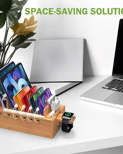 Pezin & Hulin Bamboo Charging Station for Multiple Devices with 5 Port USB Charger, 5 Cables and Watch Stand. Wood Desktop Docking Stations Organizer for Cell Phone, Tablet, Watch, Office Accessories