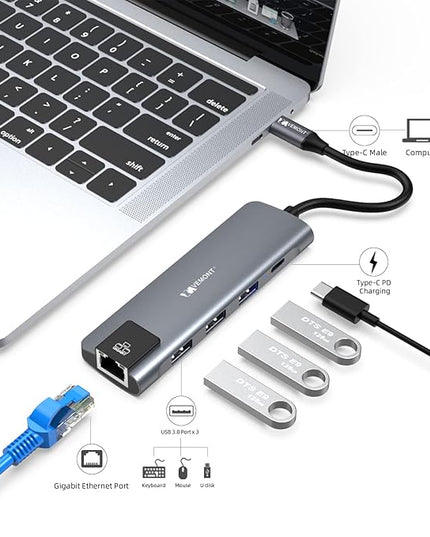 VEMONT 5 in1 USB C hub, Type-c multiport Adapter with Gigabit Ethernet, 3 USB 3.0 hub for Data, 100W Power Delivery, USB hub for Laptop MacBook or ipad, and Other USB C Devices
