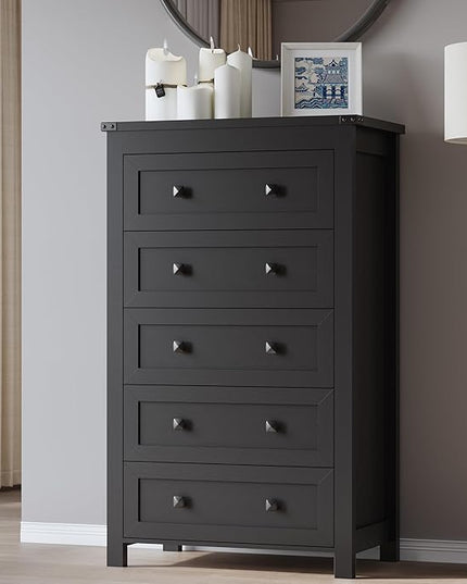 BORNOON Tall 5-Drawer Dresser, Modern Wooden Storage Chest of Drawers, Dresser TV Stand, Wood Drawer Organizer with Metal Handles for Bedroom, Living Room, Hallway
