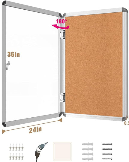 Mifuro 36"x24" Enclosed Bulletin Board, Lockable Weather-Resistant Aluminum Cork Noticeboard for School & Office, Silver Frame w/Cork