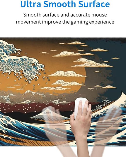 Big Japanese Wave Gaming Mouse Pad XL, Large Non Slip Rubber Mousepad, Stitched Edges Mouse Pads, Long Extended Mouse Pad,31.5'' X 11.8''