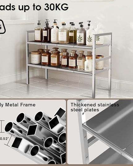 Expandable Under Sink Organizer and Storage, 2-Tier Height Adjustable Under Cabinet Organizer Shelf with 8 Removable Panels for Bathroom Kitchen Multi-Purpose Storage (8 Panels)