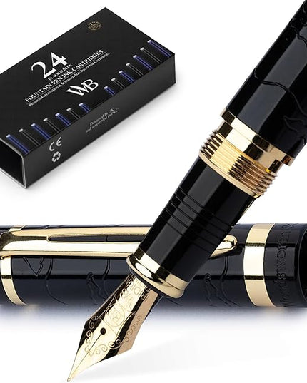 Wordsworth & Black Primori Fountain Pen Set [Black Gold]; Extra Fine Nib, Gift Case, 24 Ink Cartridges, Refill Converter, Manual; Journaling, Calligraphy, Smooth Writing Pens; Left and Right Handed