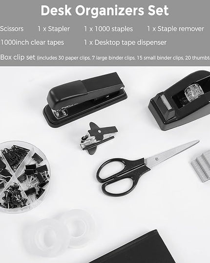 SKYDUE Black Office Supplies Set, Black Desk Accessories, Stapler, Tape Dispenser, Scissors, Binder/Paper Clips and 1000pcs Staples, Desk Supplies Set