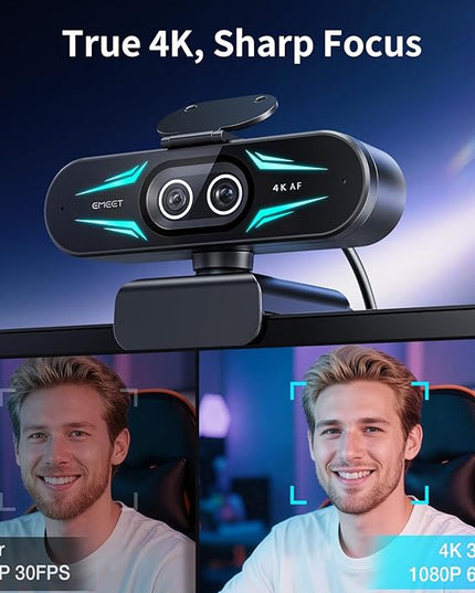 EMEET C60E Dual-Camera 4K Webcam for Streaming, Wide-Angle and Telephoto Cameras, Max 11X Hybrid Zoom & PDAF Autofocus, Remote Control, RGB Lighting, 2 Mics, Ideal for Livestreaming and Online Meeting
