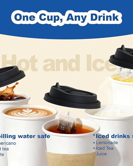 Coolcap 12 oz 100 Pack Coffee Cups with Lids and Sleeves, Straws, Hot Disposable To Go Travel Paper Cups Bulk for Office, Home Coffee Bar Accessories, Chocolate, Cocoa, Beverage (White)