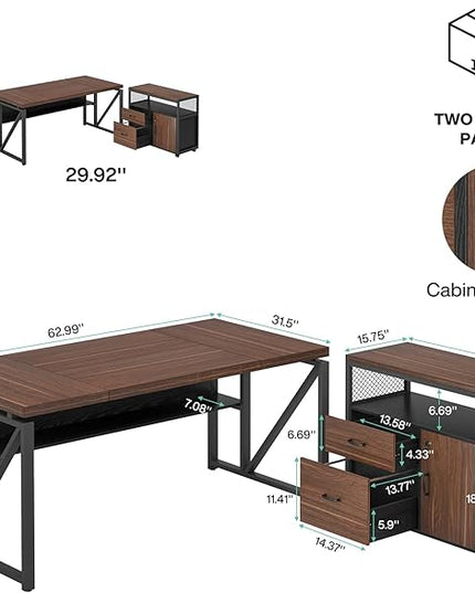 Tribesigns Office Desk with Drawers Sets, 63 inches L Shaped Computer Desk with Mobile File Cabinet,Big Executive Desk for Home Office Furniture Sets (Dark Brown, 63-inch)