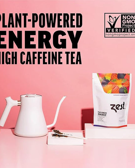 Zest Energy Green Tea - Superberry Samba Loose Leaf - High Caffeine Strawberry & Passion Fruit - Caffeinated Coffee Altnernative with Antioxidants - Natural, Non-GMO & Keto - 50 Servings - 135mg Caf