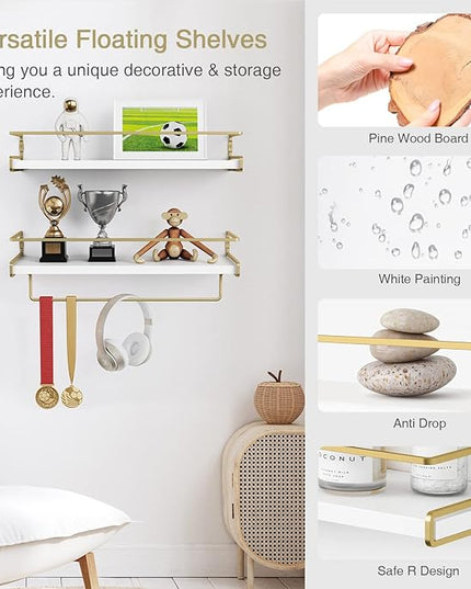 Forbena Floating Bathroom Shelves Wall Mounted, Aesthetic White and Gold Shelves for Bathroom Accessories, Modern Bathroom Organizer with Tower Bar for Wall Decor Storage Small Spaces, Set of 2