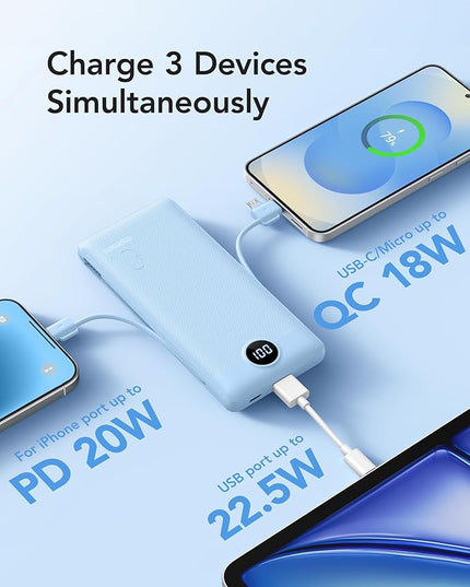VRURC Portable Charger with Wall Plug and Cables, 10000mAh Power Bank with 22.5W Fast Charging USB Port,4 Outputs Dual Inputs Slim Compact Rechargeable Battery Pack Travel Accessories-Blue(1 Pack)