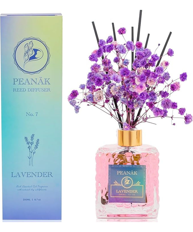 PEANÄK Lavender Reed Diffuser Set with Real Preserved Flowers - 6.7oz Long Lasting Essential Oil Scent for Home, Bathroom & Office Decor