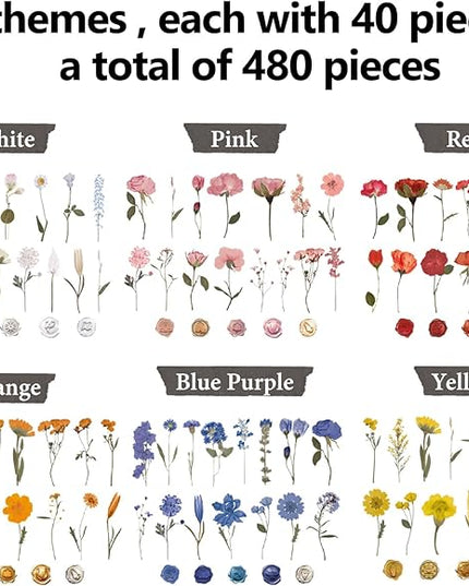 NESSCCI Pressed Flower Themed Stickers (Assorted 480 Pieces,24 Sheets) Scrapbook Supplies,Stickers for Journaling, Dried Floral Resin,Scrapbook Sticker,Junk Journal Sticker