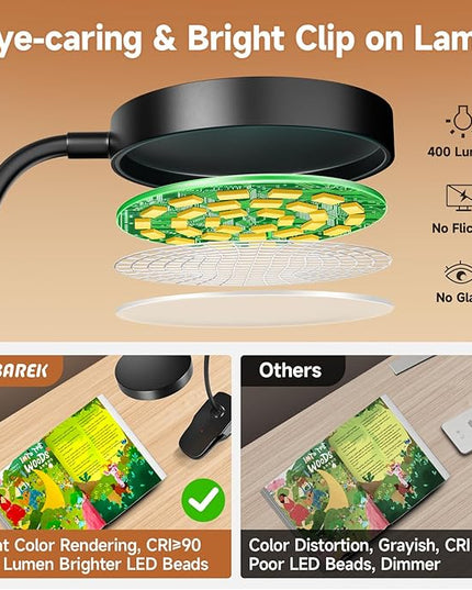 Mubarek Clip on Lamp,5 Brightness+5 Color Clip on Light,200LM 36 LED Reading Lights for Books in Bed,1800mAh Battery Powered Lamp Battery Operated Lights,Rechargeable Desk Lamp with Clamp Light