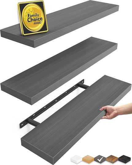 BAYKA Grey Floating Shelves for Wall, 22.5 inches Wall Mounted Rustic Wood Shelves for Bathroom, Bedroom, Living Room, Floating Shelves for Books/Storage/Decor (Set of 3)