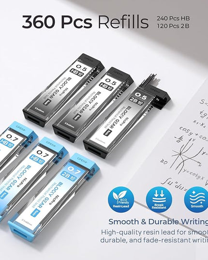 Nicpro Blocky Gear 0.5 mm & 0.7 mm Mechanical Pencils Set in Case, Metal Pencil with 6 Tube Lead Refills, Eraser, Eraser Refills for Professional & Adult Art Writing Drafting Drawing Sketching